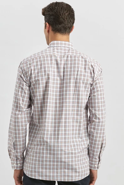 Kiremit Uzun Kol Ekose Desen Bez Ayağı Smart Düğmeli Yaka Classic Comfort Fit Gömlek 1004240253 - Resim 6