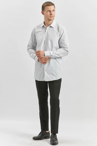 Siyah Uzun Kol Kareli Desen Bez Ayağı 041 Sert Yaka Classic Comfort Fit Gömlek 1004240254 - Resim 5
