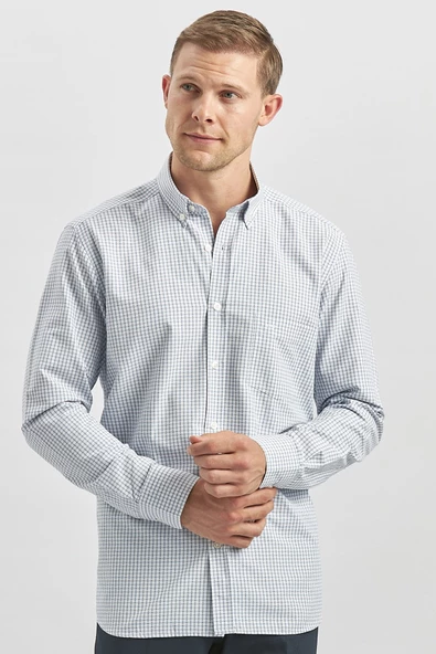 Lacivert Uzun Kol Kareli Desen Bez Ayağı Smart Düğmeli Yaka Classic Comfort Fit Gömlek 1004240262 - Resim 5