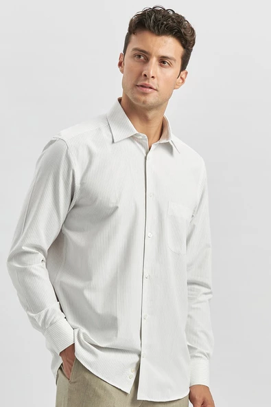 Bej Uzun Kol Çizgili Desen Bez Ayağı 041 Sert Yaka Classic Comfort Fit Gömlek 1004240263 - Resim 5