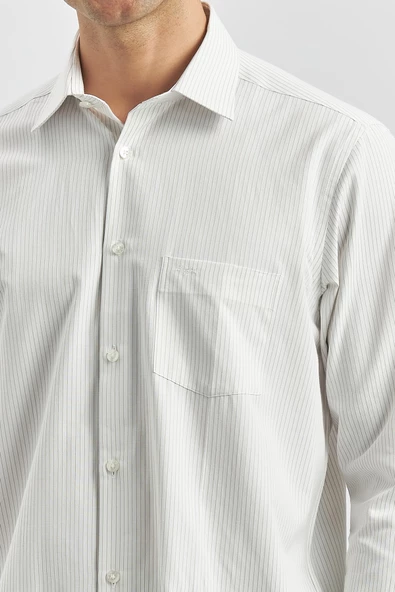 Bej Uzun Kol Çizgili Desen Bez Ayağı 041 Sert Yaka Classic Comfort Fit Gömlek 1004240263 - Resim 2