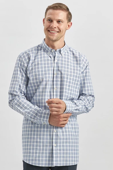 Koyu Lacivert Uzun Kol Ekose Desen Smart Classic Comfort Fit Gömlek 1004240253 - Resim 5