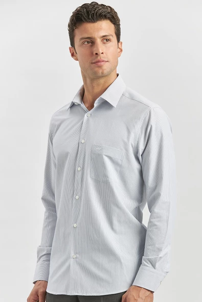 Koyu Lacivert Uzun Kol Çizgili Desen Bez Ayağı 041 Sert Yaka Classic Comfort Fit Gömlek 1004240261 - Resim 3