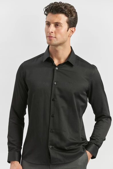 Siyah Uzun Kol Kendinden Desenli Armürlü 032 Sert Yaka Classic Slim Fit Gömlek 1004245153 - Resim 3