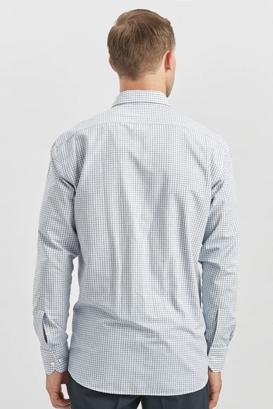 Lacivert Uzun Kol Kareli Desen Bez Ayağı Smart Düğmeli Yaka Classic Comfort Fit Gömlek 1004240262 - Resim 6