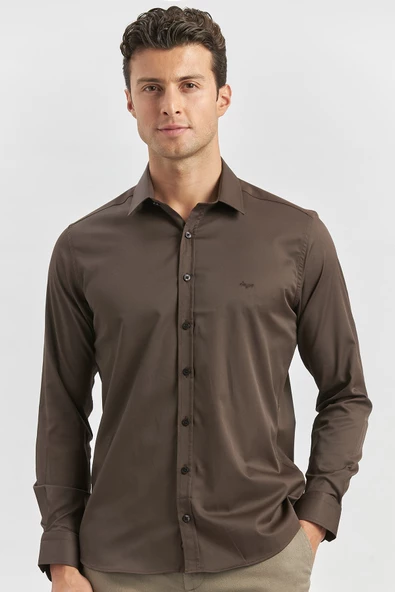 Koyu Kahverengi Uzun Kol Düz Bez Ayağı 032 Sert Yaka Classic Slim Fit Gömlek 1004240334