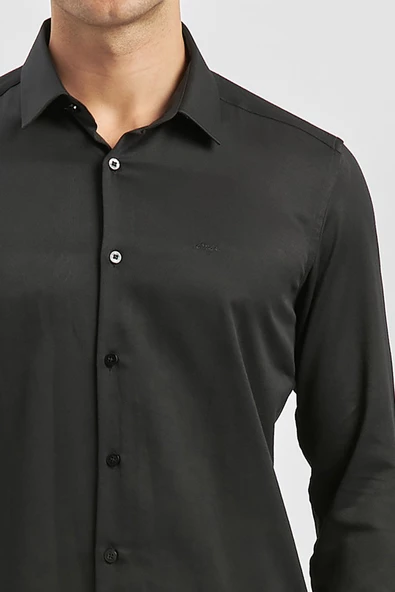 Siyah Uzun Kol Kendinden Desenli Armürlü 032 Sert Yaka Classic Slim Fit Gömlek 1004245153 - Resim 5