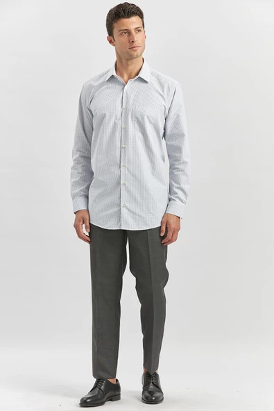 Koyu Lacivert Uzun Kol Kareli Desen Bez Ayağı 041 Sert Yaka Classic Comfort Fit Gömlek 1004240254 - 3