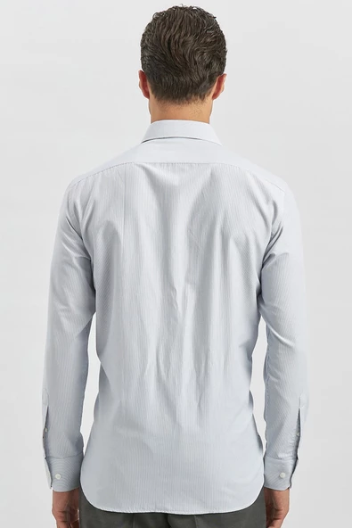 Koyu Lacivert Uzun Kol Çizgili Desen Bez Ayağı 041 Sert Yaka Classic Comfort Fit Gömlek 1004240261 - Resim 6