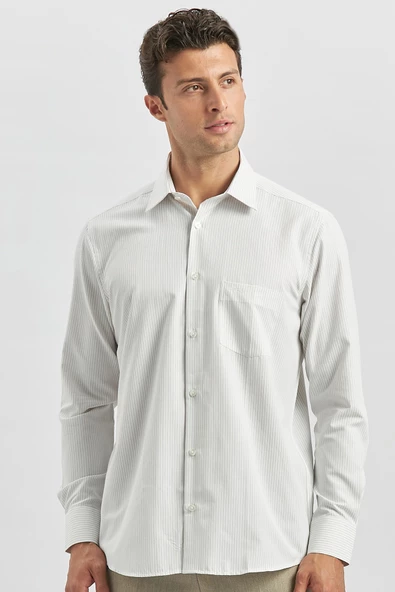 Bej Uzun Kol Çizgili Desen Bez Ayağı 041 Sert Yaka Classic Comfort Fit Gömlek 1004240263 - Resim 4