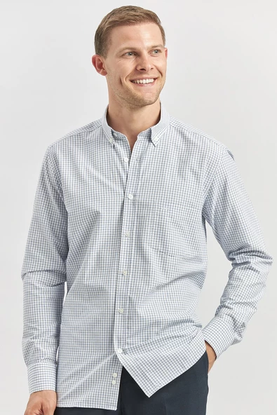 Lacivert Uzun Kol Kareli Desen Bez Ayağı Smart Düğmeli Yaka Classic Comfort Fit Gömlek 1004240262 - Resim 2