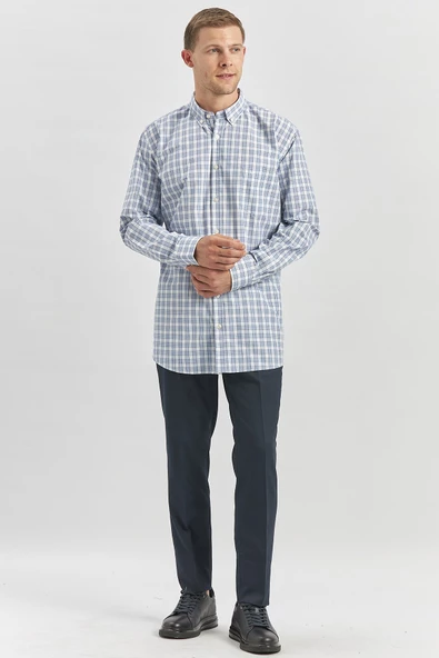 Koyu Lacivert Uzun Kol Ekose Desen Smart Classic Comfort Fit Gömlek 1004240253 - Resim 4