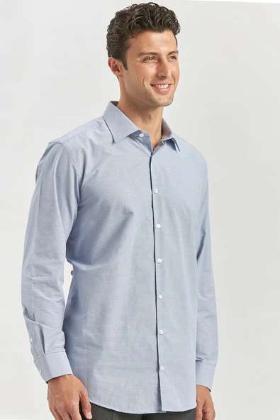 Koyu Lacivert Uzun Kol Kendinden 041 Classic Comfort Fit Gömlek 1004240256 - Resim 3