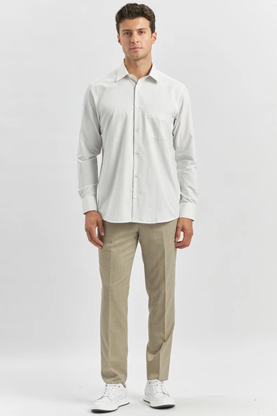 Bej Uzun Kol Çizgili Desen Bez Ayağı 041 Sert Yaka Classic Comfort Fit Gömlek 1004240263 - Resim 3