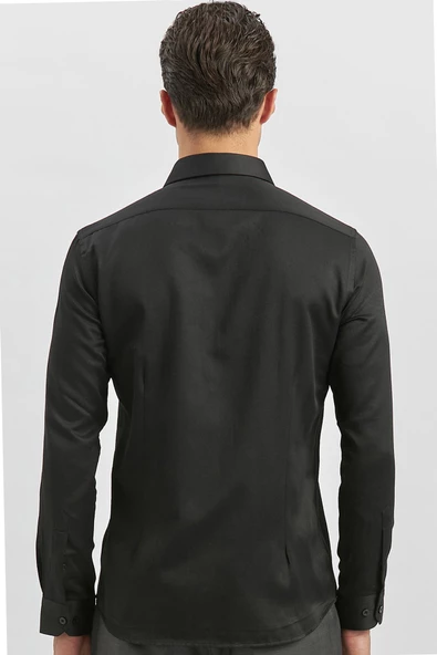 Siyah Uzun Kol Kendinden Desenli Armürlü 032 Sert Yaka Classic Slim Fit Gömlek 1004245153 - Resim 6