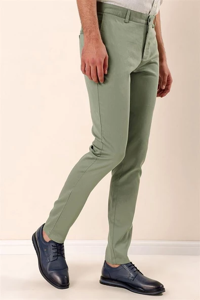 Koyu Yeşil Pamuklu Yandan Cepli Casual Slim Fit Chino Pantolon 1003230103
