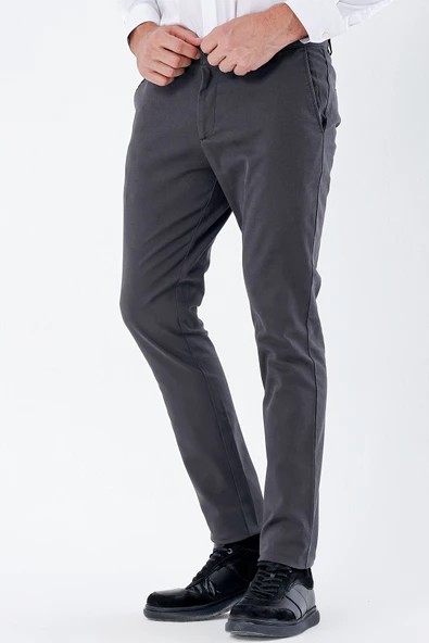 Koyu Antrasit Pamuklu Yandan Cepli Casual Slim Fit Chino Pantolon 1003235117 - Resim 3