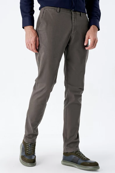 Koyu Haki Pamuklu Yandan Cepli Casual Slim Fit Chino Pantolon 1003235117 - Resim 2