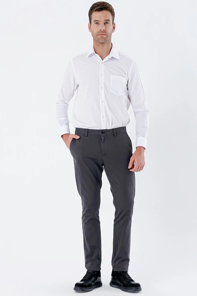 Koyu Antrasit Pamuklu Yandan Cepli Casual Slim Fit Chino Pantolon 1003235117 - Resim 6