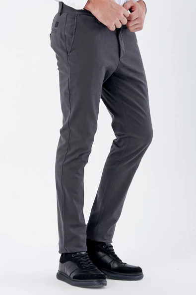 Koyu Antrasit Pamuklu Yandan Cepli Casual Slim Fit Chino Pantolon 1003235117 - Resim 5