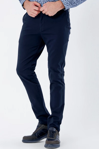 Lacivert Pamuklu Yandan Cepli Casual Slim Fit Chino Pantolon 1003235117 - Resim 3