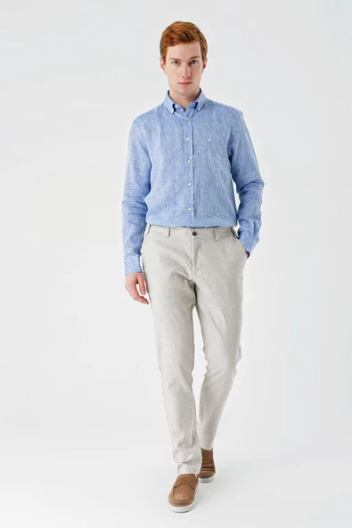 Bej Keten Lastikli Yandan Cepli Casual Comfort Fit Jogger Pantolon 1003240159 - Resim 4