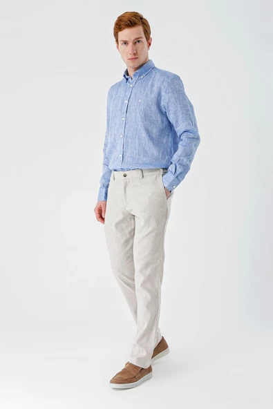 Bej Keten Lastikli Yandan Cepli Casual Comfort Fit Jogger Pantolon 1003240159 - Resim 3