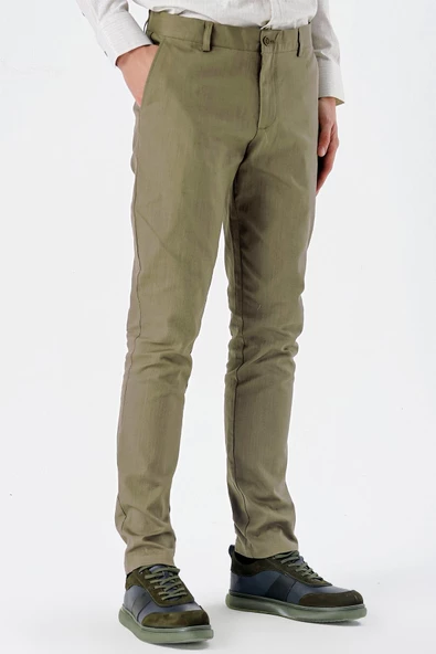 Koyu Haki Pamuklu Yandan Cepli Casual Slim Fit Chino Pantolon 1003240151 - Resim 3