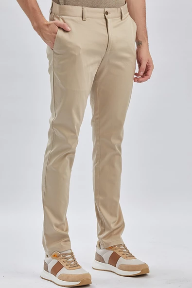Bej Pamuklu Yandan Cepli Casual Slim Fit Chino Pantolon 1003240161 - 4