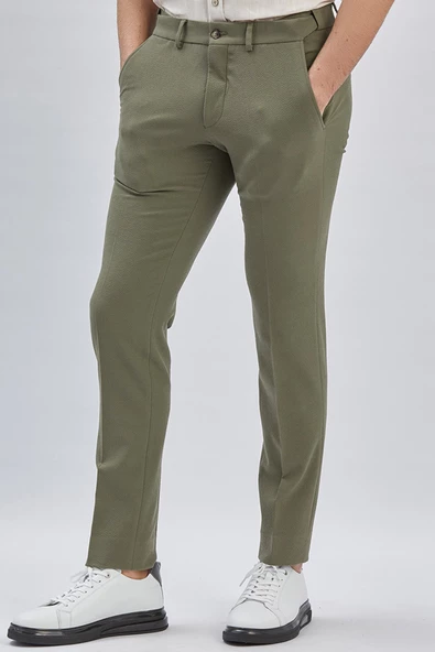 Koyu Haki Esnek Lastikli Yandan Cepli Casual Slim Fit Ayarlanabilir Kemer Pantolon 1003240162 - Resim 4