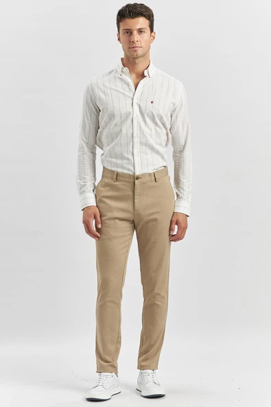 Bej Pamuklu Yandan Cepli Casual Slim Fit Chino Pantolon 1003240168 - Resim 4