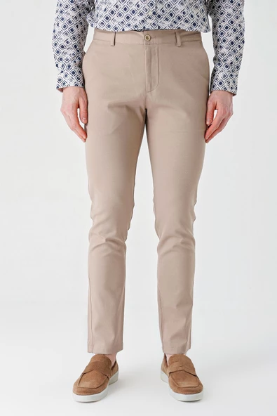 Bej Pamuklu Yandan Cepli Casual Slim Fit Chino Pantolon 1003240156 - Resim 2