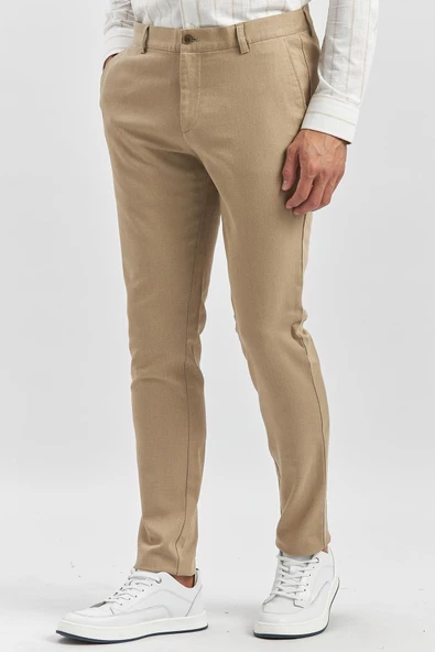 Bej Pamuklu Yandan Cepli Casual Slim Fit Chino Pantolon 1003240168 - Resim 2