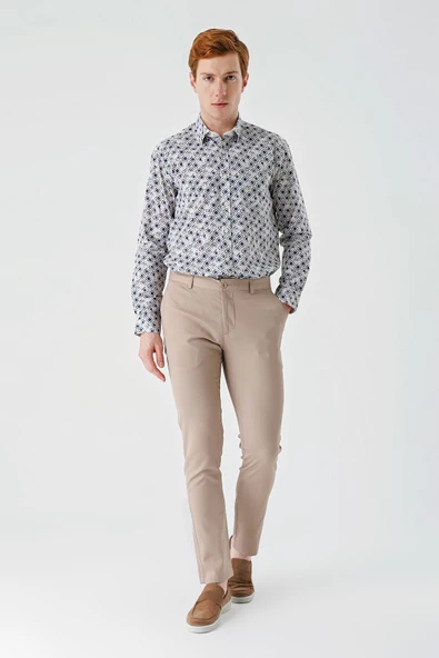 Bej Pamuklu Yandan Cepli Casual Slim Fit Chino Pantolon 1003240156 - Resim 3