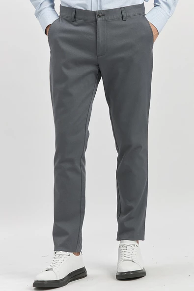 Koyu Antrasit Pamuklu Yandan Cepli Casual Slim Fit Chino Pantolon 1003240168 - Resim 4
