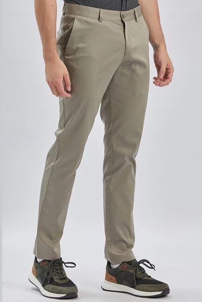 Koyu Bej Pamuklu Yandan Cepli Casual Slim Fit Chino Pantolon 1003240161 - Resim 4