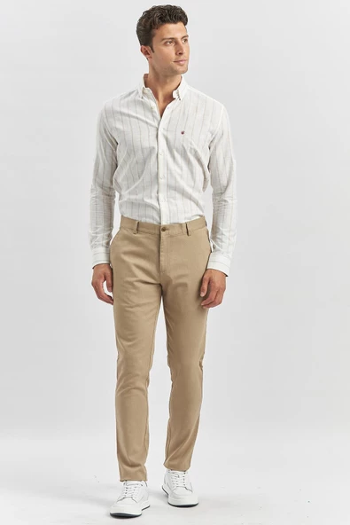 Bej Pamuklu Yandan Cepli Casual Slim Fit Chino Pantolon 1003240168 - Resim 3