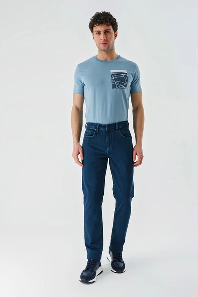İndigo Mavi Gabardin Pamuklu 5 Cepli Slim Fit Dar Kesim Casual Denim Pantolon 1023240155 - Resim 3