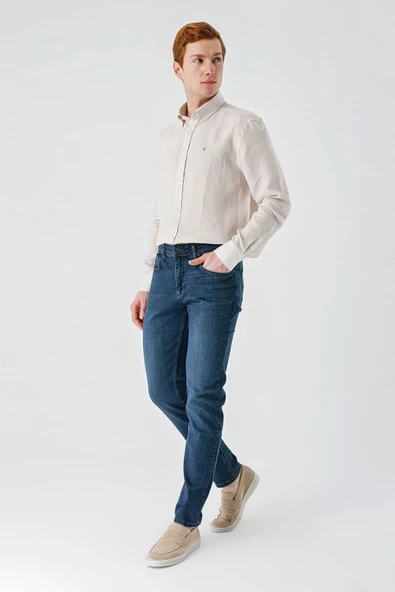 Lacivert Gabardin Pamuklu 5 Cepli Slim Fit Dar Kesim Casual Denim Pantolon 1023240153 - Resim 4