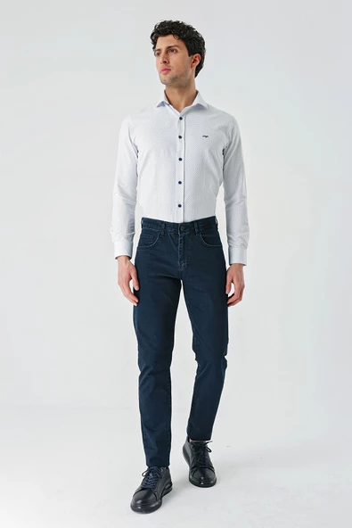 Lacivert Armürlü Pamuklu 5 Cepli Slim Fit Dar Kesim Casual Denim Pantolon 1023240157 - Resim 4