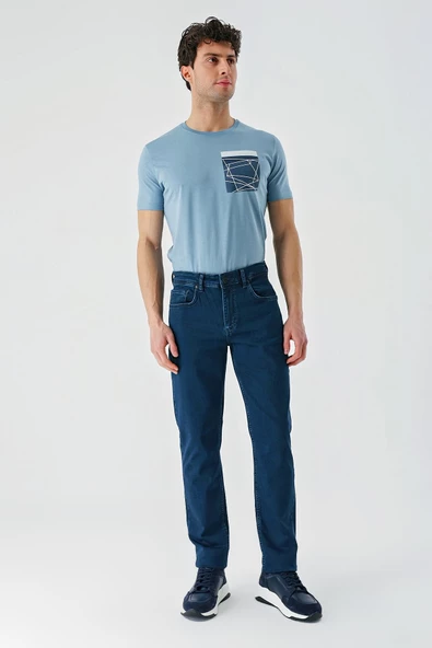 İndigo Mavi Gabardin Pamuklu 5 Cepli Slim Fit Dar Kesim Casual Denim Pantolon 1023240155 - Resim 4