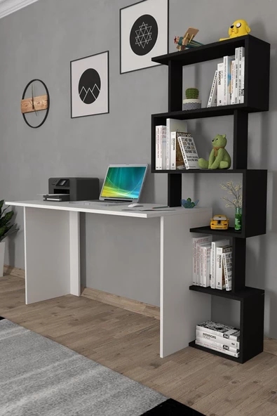 Moonlife Yakamoz Kitaplıklı Çalışma Masası Beyaz Siyah - 7