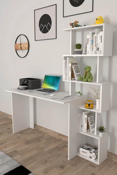 Moonlife Yakamoz Kitaplıklı Çalışma Masası Beyaz - 5