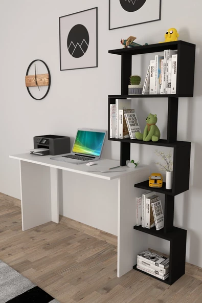 Moonlife Yakamoz Kitaplıklı Çalışma Masası Beyaz Siyah - 9