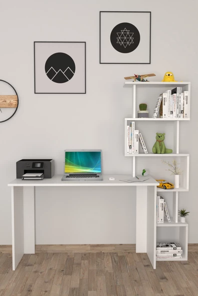 Moonlife Yakamoz Kitaplıklı Çalışma Masası Beyaz - 4