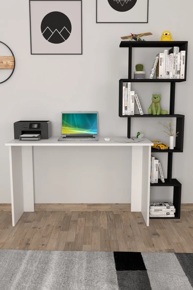 Moonlife Yakamoz Kitaplıklı Çalışma Masası Beyaz Siyah - 8