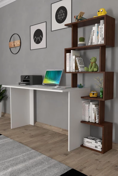 Moonlife Yakamoz Kitaplıklı Çalışma Masası Beyaz Ceviz - 5