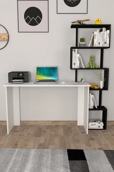 Moonlife Yakamoz Kitaplıklı Çalışma Masası Beyaz Siyah - 3
