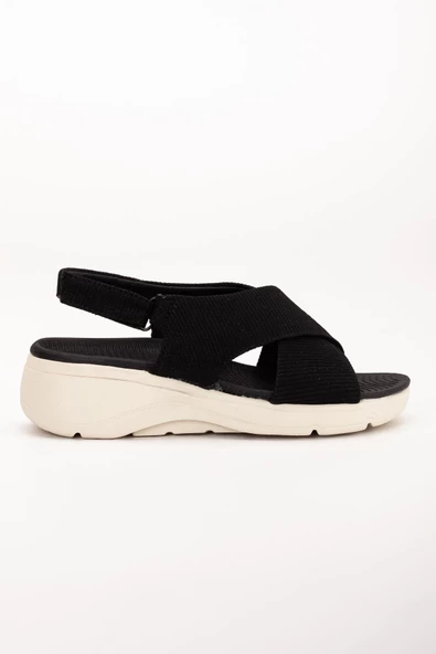 Keten Malzeme Faylon Siyah Kadın Dolgu Taban Sandalet - Resim 3