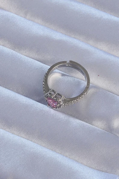 MuI MuI Pirinç Gümüş Renk Pembe Zirkon Taşlı Ayarlanabilir Charm Yüzük - 2